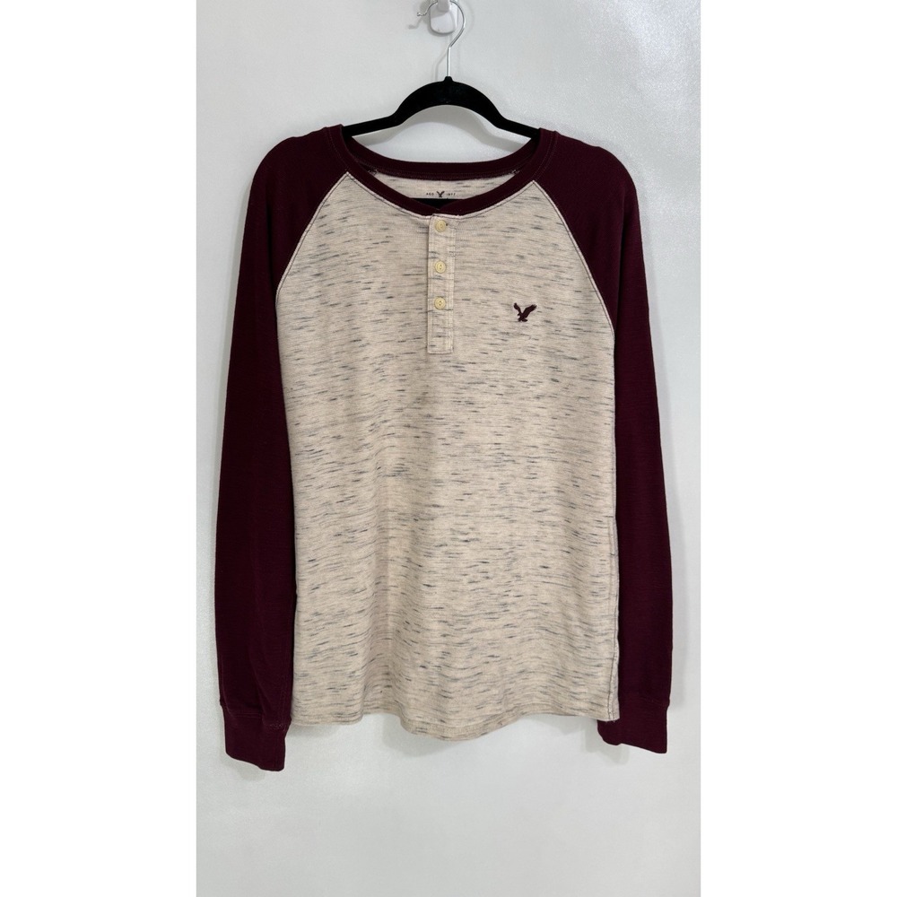 American Eagle Outfitters Men's Large Henley Raglan Shirt Maroon Ivory